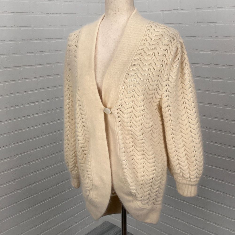 Leroy Cardigan Women Small Beige Lambswool Angora Chevron Knit Sweater Vtg